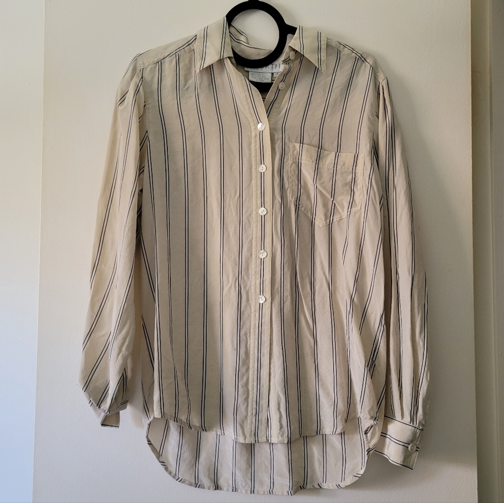 Vintage WORTH 100% Silk Beige Navy Striped Button Down Blouse Long Sleeve Top